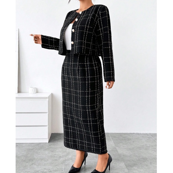 Plus Classic Plaid Print Tweed Blazer Maxi Skirt Set - Picture 6 of 9